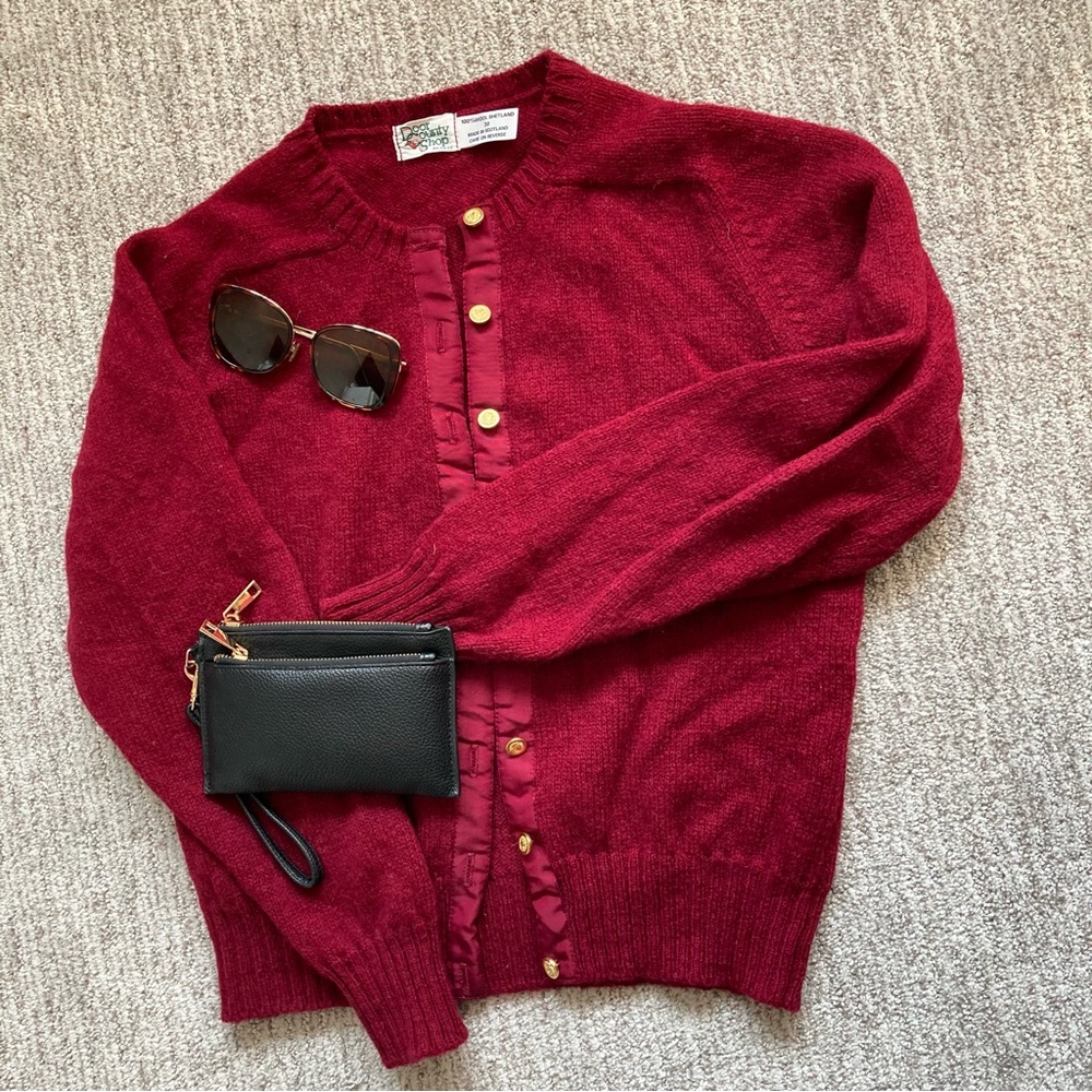Crimson red wool sweater size 38 with gold buttons